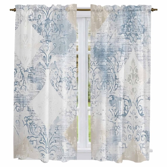 Blue Beige Floral Kitchen Curtains, Vintage Smear Abstract Art Light Filtering Window Curtain Panels, 2Pcs Rod Pocket Window Treatments Set for Living Room Bathroom Bedroom 42x63 Inches