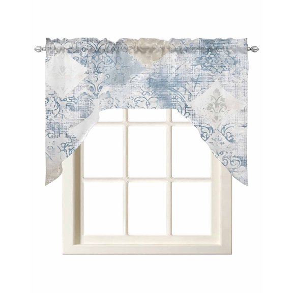 Blue Beige Floral Kitchen Swag Valances for Windows, Vintage Smear Abstract Art Swag Valances Curtains for Living Room, Rod Pocket Window Treatments for Bathroom, Bedroom, Cafe, 56"x36"