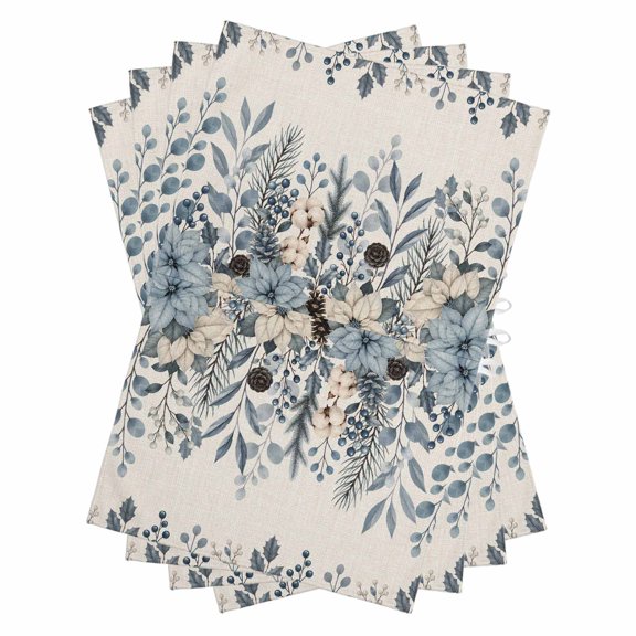 Blue Beige Floral Kitchen Towels Dish Towel Pack of 4 Cottagecore Flower Berries Linen Texture Soft Dish Cloth Set Absorbent Dishcloth for Drying Dishes, Hand Towels 18 x 28 Inches