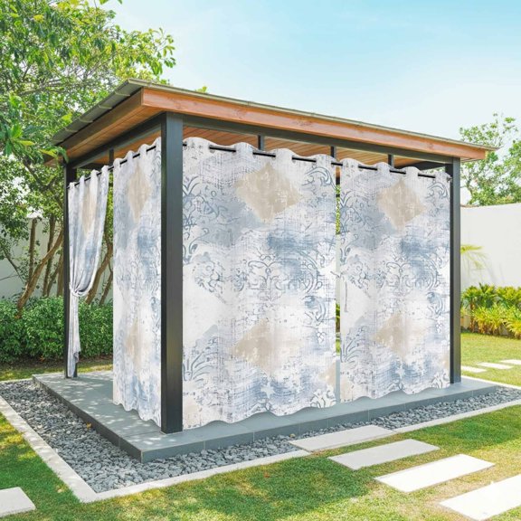 Blue Beige Floral Outdoor Curtains for Patio Waterproof, Windproof Privacy Curtains with Weighted Bottom, Vintage Smear Abstract Art Outside Drapes for Picnic Garage Backyard Cabana 54"x84" 1 Panel