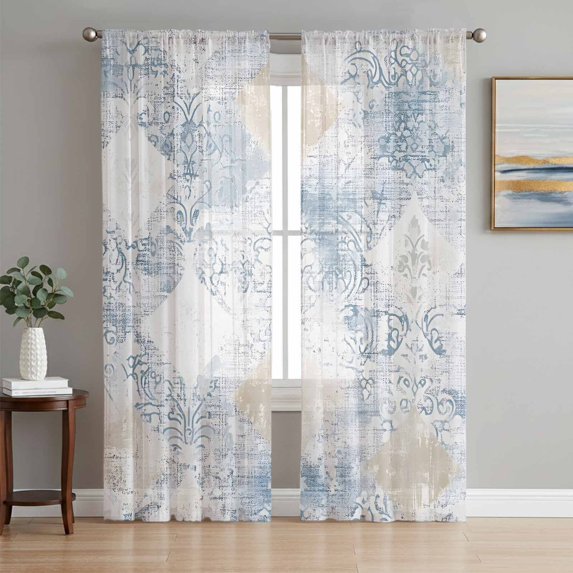 Blue Beige Floral Sheer Curtains 96 Inch Length 2 Panels Set, Vintage Smear Abstract Art Voile Window Treatment Semi Sheer Long Curtains Drapes for Bedroom/Living Room/Kitchen 52"x96"x2