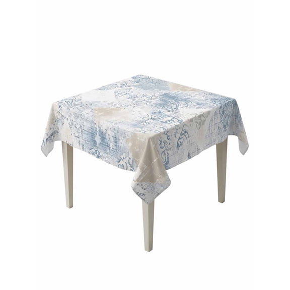 Blue Beige Floral Table Cloth, Vintage Smear Abstract Art Waterproof Tablecloth for Square Tables, Reusable Washable Fabric Table Cover for Restaurant Kitchen Dining Tables 60"x60"
