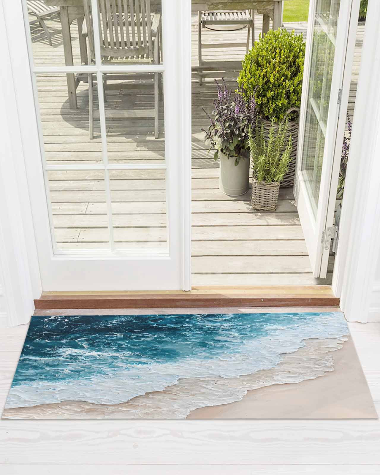 Blue Beige Front Door Mat Gradient Ocean Wave Beach Abstract Modern Art ...