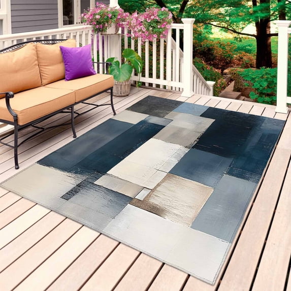 Blue Beige Geometric Outdoor Rug 4x6 Ft, Non Slip Washable Area Rug, Modern Abstract Geometric Art Patio Rugs Carpet Runner, Large Floor Mat for Indoor/Outdoor Deck Porch Camping