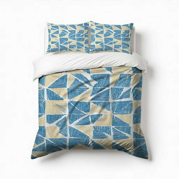 Blue Beige Geometric Pattern Bedding Set 3 Pcs Soft Microfiber Quilt Cover For Bedroom Decor, Comforter Cover With 2 Pillowcase