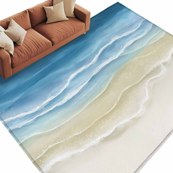 Blue Beige Gradient Beach Washable Area Rug 5 x 7 ft Abstracts Seaside Ocean Wave Coastal, Soft Non Slip Rugs Stain Repellent Indoor Felt Carpet for Living Dining Room Bedroom Home Office