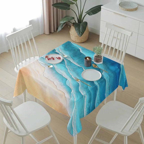Blue Beige Gradient Ocean Wave Table Cloth 54x54in, Waterproof Square Tablecloth Wipeable Tablecloths Sea Stripe Water Ripple Table Covers for Dining Tables Party Indoor Outdoor
