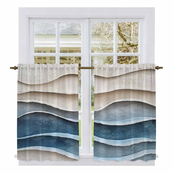 Blue Beige Kitchen Curtains, Coastal Vintage Modern Abstract Art Light Filtering Window Curtain Panels, 2Pcs Rod Pocket Window Treatments Set for Study Room Bathroom Bedroom 52x54 Inches