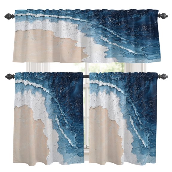 Blue Beige Kitchen Curtains Valance and Tier Set Gradient Seaside Ocean Wave Sand Abstract Beach Rod Pocket Short Curtains for Small Window 3 Pieces Set for Bedroom (54" x 18"+27" x 24")