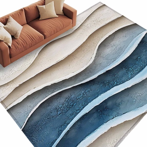 Blue Beige Large Area Rugs for Bedroom Living Room, Soft Non Slip Carpet Bedside Rug, Coastal Vintage Modern Abstract Art Rectangular Floor Cover Kitchen Accent Rug 5'x7' for Dining Room/Office