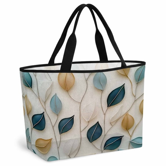 Blue Beige Leaf Beach Bag for Women, Large Breathable Mesh Beach Tote Bag, Farmhouse Summer Botanical Watercolor Sandproof Lightweight Travel Bags for Vacation Picnic Swimming Pool 15.7"x15.7"x9.1"