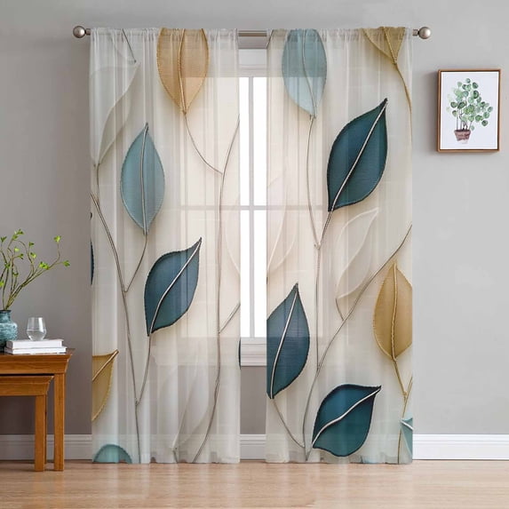 Blue Beige Leaf Sheer Curtains 84 Inches Long 2 Panels Set, Window Sheer Curtains for Living Room/Bedroom, Farmhouse Summer Botanical Watercolor Light Filtering Rod Pocket Curtain 52'' x 84'' x 2