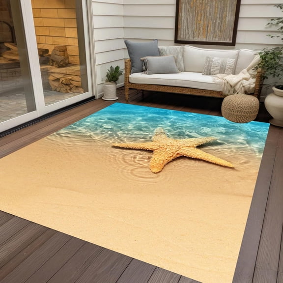 Blue Beige Ocean Beach Theme Coastal Indoor Outdoor Area Rug 2x3ft No-Slip Reversible Rug for Livingroom Bedroom Patio Deck Backyard Balcony Kitchen Floor Carpet