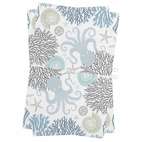 Blue Beige Octopus Coastal Kitchen Towels Set of 2, Water Absorbent Dish Towel, Nautical Coral Starfish Decorative Hand Towels - Quick Drying Cloth for Cooking Baking, 18x28 Inch