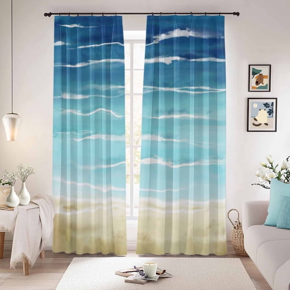 Blue Beige Ombre Blackout Curtains for Bedroom/Living Room, Pinch Pleated Black Out Curtains, Coastal Nautical Summer Beach Wave Room Darkening Window Drapes with Hooks 2 Panels, 39"x70"
