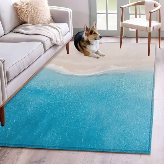 Blue Beige Ombre Coastal Area Rugs 3'x5', Washable Small Throw Rugs for Living Room Bedroom, Summer Beach Seaside Vacation Indoor Outdoor Rug Non-Slip Low Pile Carpet Runner Reversible Floor Mats