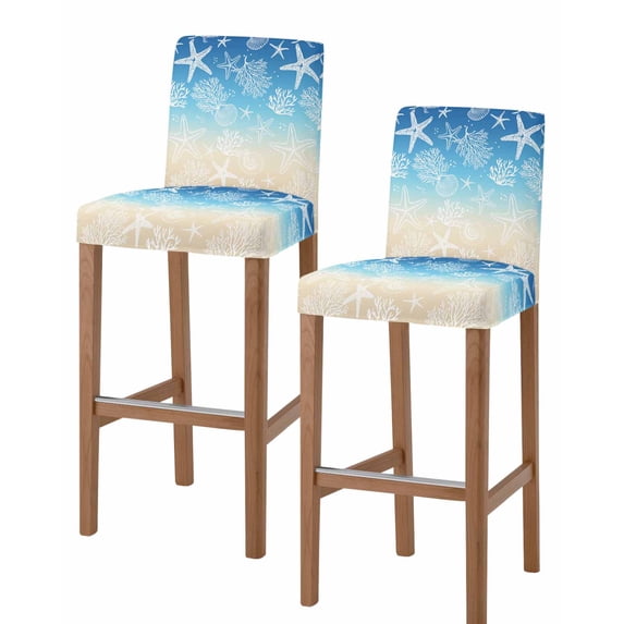 Blue Beige Ombre Coastal Bar Stool Covers Set of 2, Nautical Beach Starfish Coral Summer Stretch Bar Chair Covers with Backs, Removable Pub Counter Height Chair Cover for Kitchen Dining Room Cafe