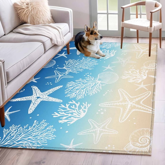Blue Beige Ombre Coastal Kitchen Runner Rug 2.7x5 Washable Runners for Hallway Non Slip Nautical Beach Starfish Coral Summer Large Area Rug Indoor Floor Carpet for Bathroom Laundry Entryway Bedroom