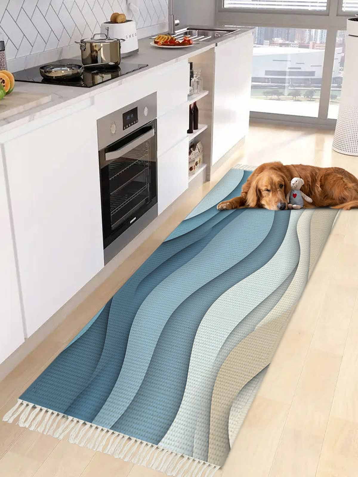 Blue Beige Ombre Entryway Runner Rug 2x4ft,Modern Abstract Moire Art