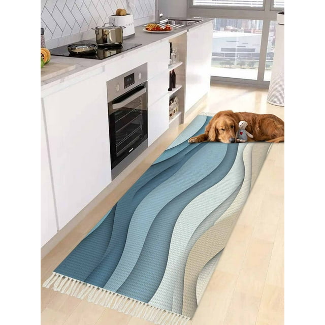 Blue Beige Ombre Entryway Runner Rug 2x4ft,Modern Abstract Moire Art