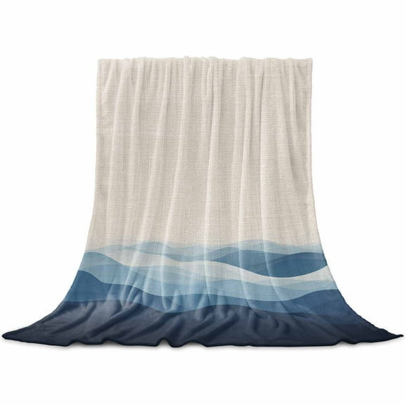 Blue Beige Ombre Flannel Blanket for Bed, Minimalist Ocean Waves Linen Soft Cozy Warm Couch Throw Blanket, Lightweight Fluffy Plush Bedding Blankets for Sofa Decor All Season 30"x40"