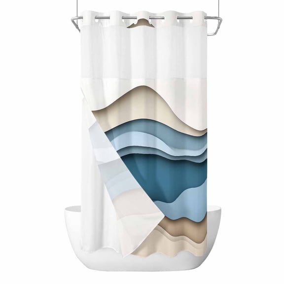 Blue Beige Ombre No Hook Shower Curtain Waterproof, Bathroom Curtains with Snap in Liners and See Through Top Window, Geometric Moire Abstract Modern Hotel Style Bathtub Curtains Shower 36"Wx78"L