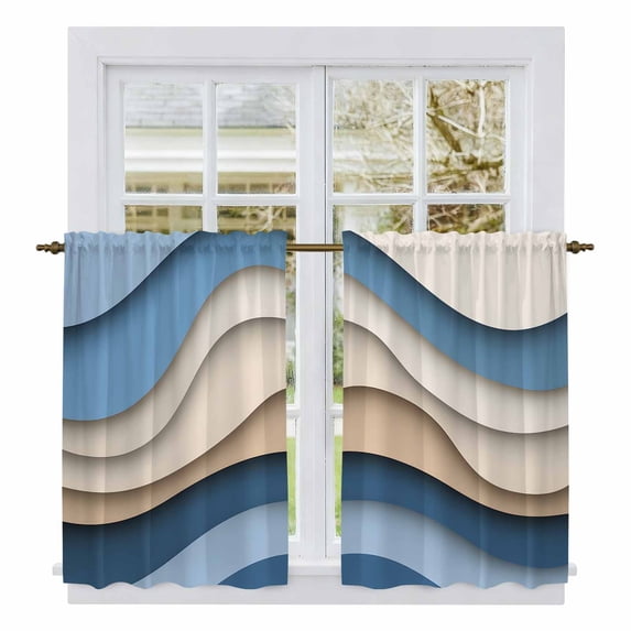 Blue Beige Ombre Kitchen Curtains, Aesthetics Modern Abstract Geometric Light Filtering Window Curtain Panels, 2Pcs Rod Pocket Window Treatments Set for RV Dining Room Study Room 42x45 Inches