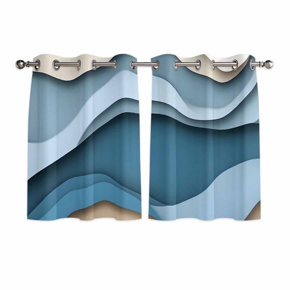 Blue Beige Ombre Kitchen Curtains Short 54 Inch Length, Geometric Moire Abstract Modern Grommet Top Bedroom Living Room Curtains, Light Filtering Cafe Curtain Drapes 2 Panels Set 84''x54''