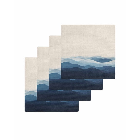 Blue Beige Ombre Kitchen Dish Towels for Drying Dishes Set of 4, Minimalist Ocean Waves Linen Waffle Weave Microfiber Terry Hand Tea Bathroom Towels Quick Dry & Absorbent Towel 12x12