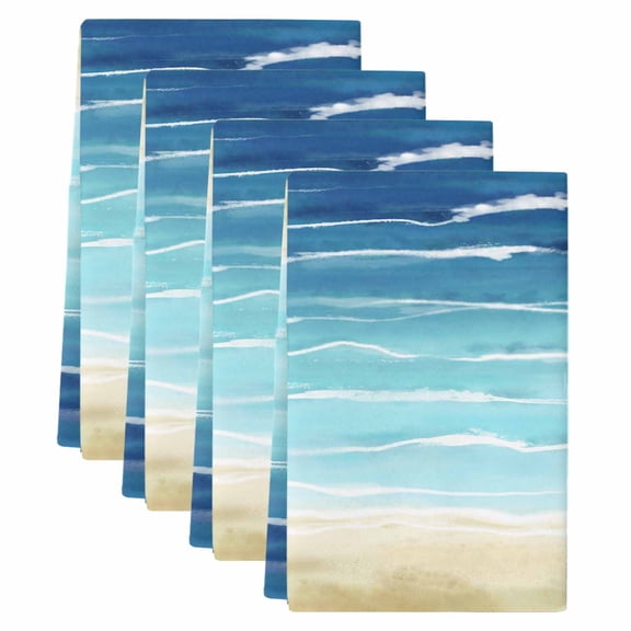 Blue Beige Ombre Kitchen Towels Set of 4, Absorbent Microfiber Dish Tea Towels with Hanging Loop, Coastal Nautical Summer Beach Wave Resuable Hand Towel for Home Kitchen Cooking Cleaning 18"x28"