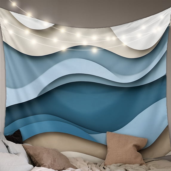 Blue Beige Ombre Large Tapestry for Bedroom Wall Hanging Tapestry, Geometric Moire Abstract Modern Ceiling Backdrop Tapestries Poster Blanket Wall Decor for Teens Room Living Room Dorm 86" x 104"
