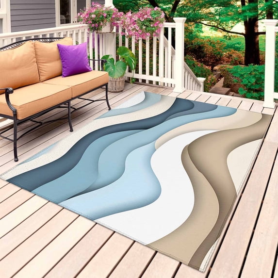 Blue Beige Ombre Outdoor Rug for Patio/Deck/Porch, Non-Slip Large Area Rug 4 x 6 Ft, Abstract Geometric Modern Moire Indoor Outdoor Rugs Washable Area Rugs, Reversible Camping Rug Carpet Runner