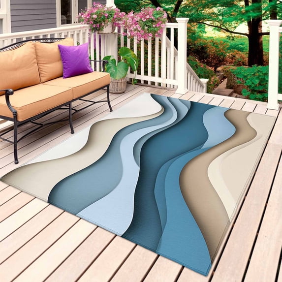 Blue Beige Ombre Outdoor Rug for Patio/Deck/Porch, Non-Slip Large Area Rug 5 x 7 Ft, Geometric Moire Abstract Modern Indoor Outdoor Rugs Washable Area Rugs, Reversible Camping Rug Carpet Runner