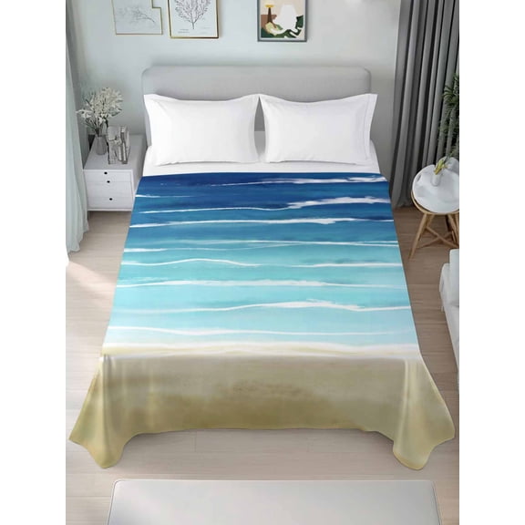 Blue Beige Ombre Queen Size Flat Sheet, Wrinkleproof & Fadeproof Cooling Flat Bed Sheet Only, Coastal Nautical Summer Beach Wave Breathable Soft Bedding Top Sheets 90 x 102 Inches