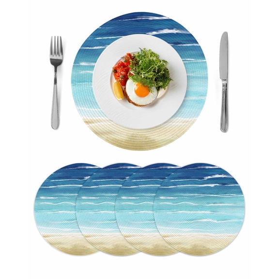Blue Beige Ombre Round 15 Inch Placemats Set of 4, Coastal Nautical Summer Beach Wave HeatResistant Non Slip Place Mats for Dining Table, Wipeable Braided Kitchen Table Mats for Housewarming