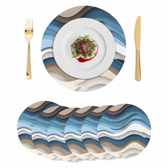 Blue Beige Ombre Round 15 Inch Placemats Set of 6, Moire Geometric Abstract Modern HeatResistant Non Slip Place Mats for Dining Table, Wipeable Braided Kitchen Table Mats for Housewarming