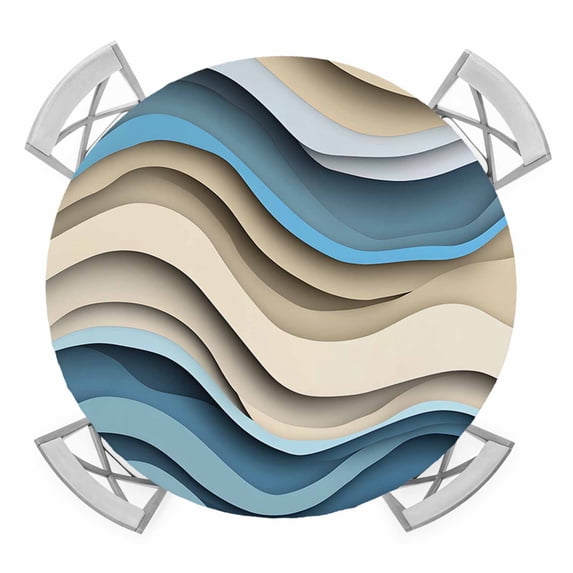 Blue Beige Ombre Round Tablecloth for 36-44 Inch Tables, Fitted Table Cover with Elastic Edge, Modern Abstract Geometric Moire Waterproof Outdoor Table Cloth Protector for Patio Garden Dinner Picnic