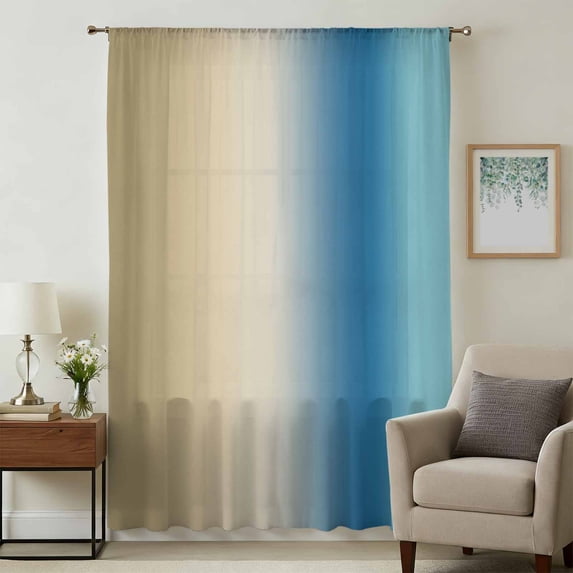 Blue Beige Ombre Sheer Curtains 96 Inches Long, Contemporary Art Abstract Aesthetics Light Filering Curtains, Privacy Drapes Simi Floor to Veiling Curtain for Living Room Large Window Treatment