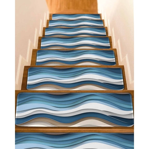 Blue Beige Ombre Stair Treads for Wooden Steps Indoor Runner Rug Carpet, Moire Geometric Abstract Modern 10 Pieces Peel and Stick Staircase Step Treads Covers Washable Throw Door Mats, 30"x8"