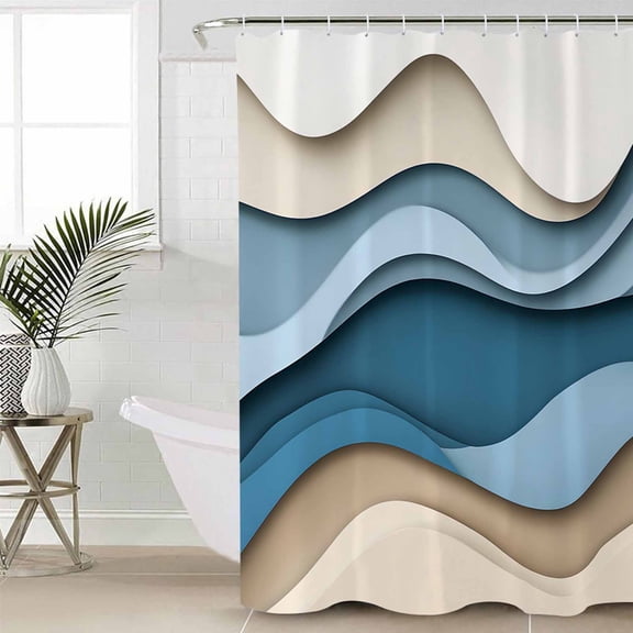 Blue Beige Ombre Standard Shower Curtain Set, Waterproof Shower Curtains for Bathroom, Geometric Moire Abstract Modern Washable Fabric Cloth Bath Curtain for Bathtub with Hooks 72x72 Inches