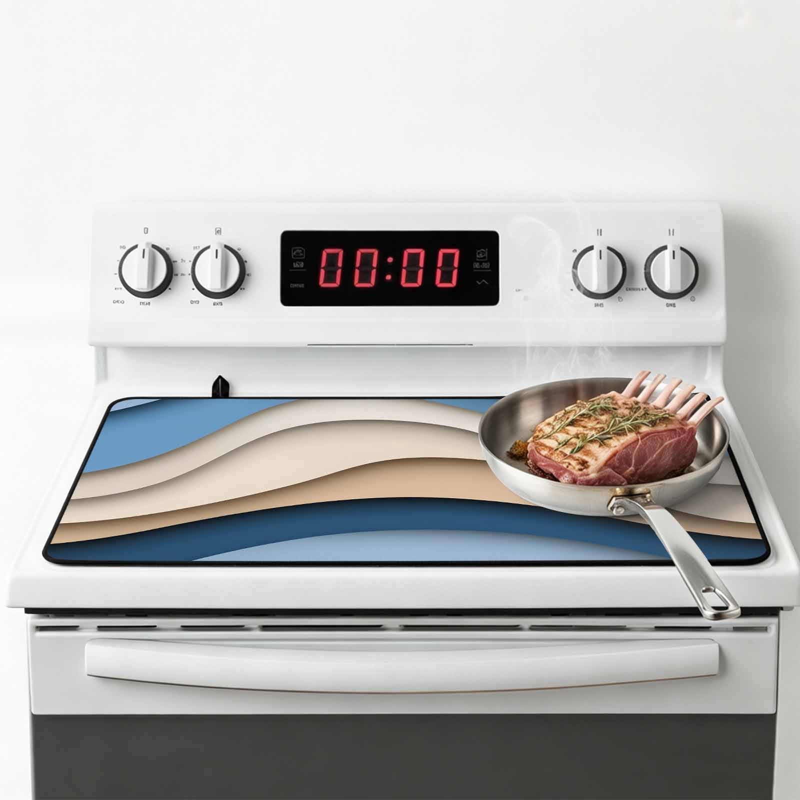 Blue Beige Ombre Stove Top Cover for Electric Stove, Heat-proof & Non Slip Glass Top Stove Cover Protector, Aesthetics Modern Abstract Geometric Kitchen Flat Cooktop Rubber Mat 24x21 Inches