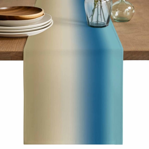 Blue Beige Ombre Table Runner 90 Inches, Modern Gradient Abstract Art Bed Runner Dresser Scarves Tabletop for Indoor Outdoor Parties/Ceremony/Banquet, 13" x 90"