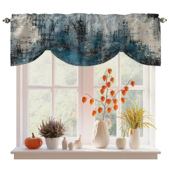 Blue Beige Ombre Tie Up Valance Curtains for Windows, Kitchen Curtains Window Treatments, Vintage Farmhouse Oil Painting Short Window Shades Valances for Bedroom Bathroom Cafe 42"x12"