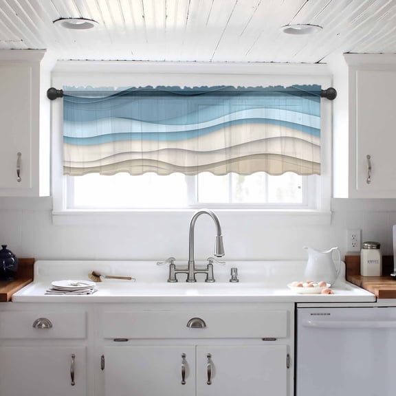 Blue Beige Ombre Valance Curtains for Kitchen/Living Room/Bathroom/Bedroom Window, Moire Art Geometric Abstract Modern Rod Pocket Small Topper Half Short Window Curtains Voile Sheer Scarf 60"x18"