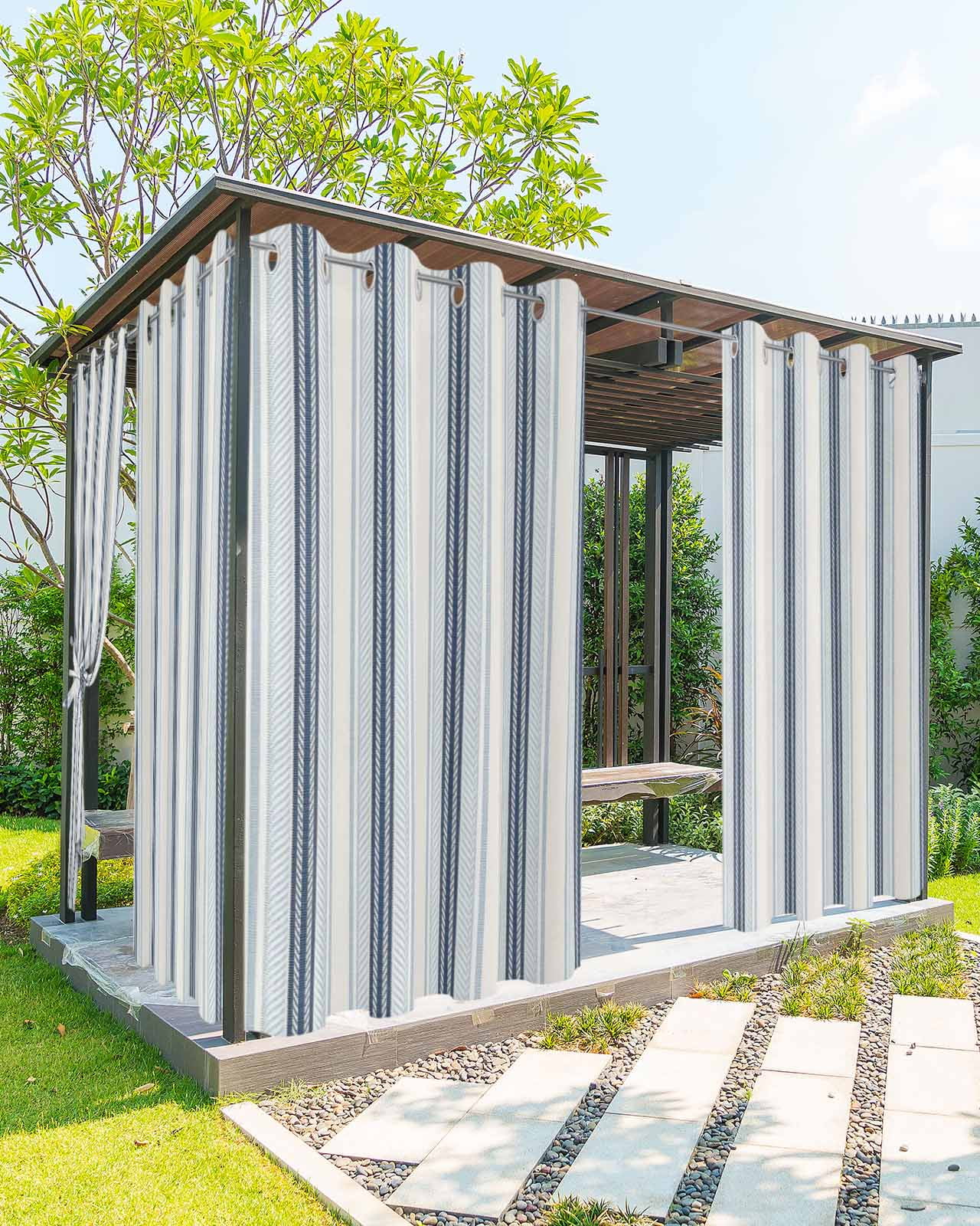Blue Beige Outdoor Curtains for Patio, Modern Abstract Gradient Vertical Stripes Privacy Drapes Grommet Waterproof Outside Curtains for Porch/Cabana/Balcony 54"x 84", 2 Panel