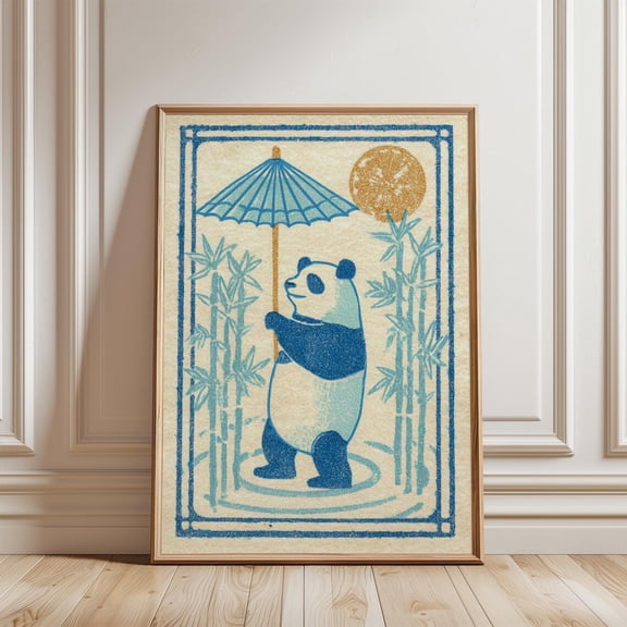 Blue Beige Panda Bamboo Poster, Unframed Paper Poster 8x10in