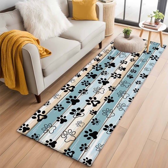 Blue Beige Paw Print Kitchen Runner Rug 2x6 Washable Runners for Hallway Non Slip Vintage Farmhouse Country Wood Grain Large Area Rug Indoor Floor Carpet for Bathroom Laundry Entryway Bedroom