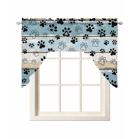 Blue Beige Paw Print Kitchen Swag Valances for Windows, Vintage Farmhouse Country Wood Grain Swag Valances Curtains for Living Room, Rod Pocket Window Treatments for Bathroom, Bedroom, Cafe, 56"x36"