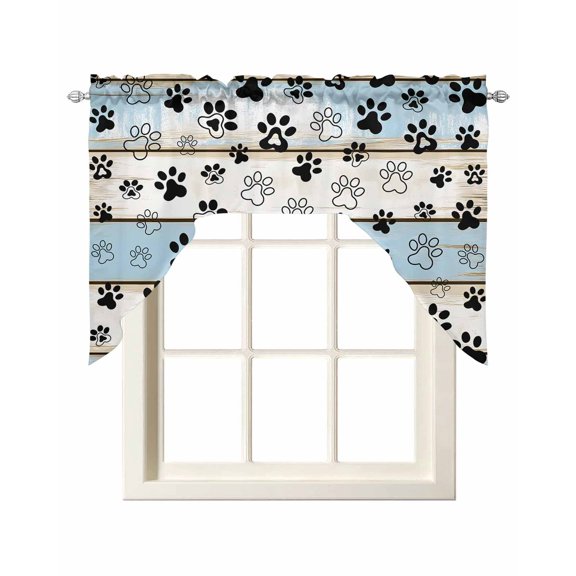Blue Beige Paw Print Kitchen Swag Valances for Windows, Vintage Farmhouse Country Wooden Grain Swag Valances Curtains for Living Room, Rod Pocket Window Treatments for Bathroom, Bedroom, 56"x36"
