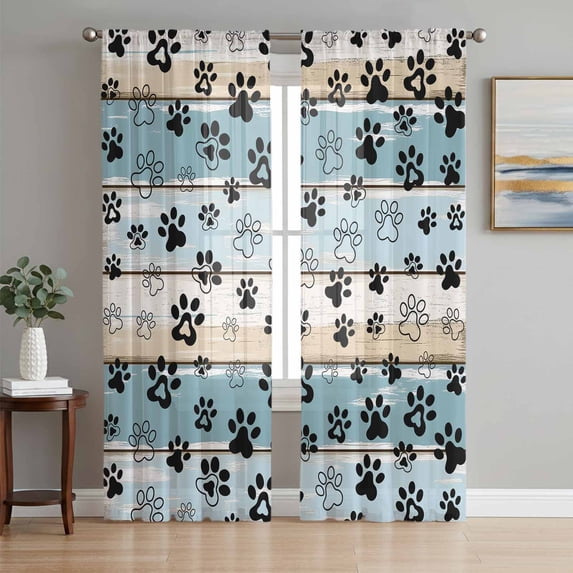 Blue Beige Paw Print Sheer Curtains 96 Inch Length 2 Panels Set, Vintage Farmhouse Country Wood Grain Voile Window Treatment Semi Sheer Long Curtains Drapes for Bedroom/Living Room/Kitchen 52"x96"x2